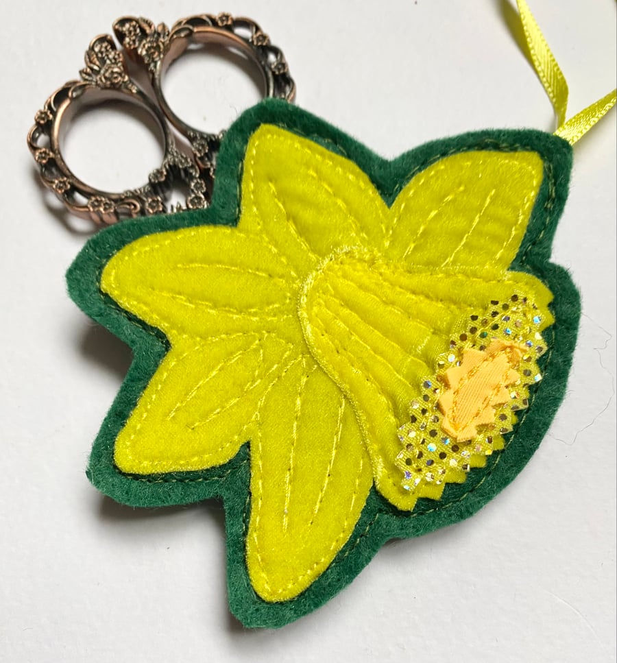 Upcycled embroidered spring daffodil home Easter decoration.