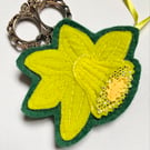 Upcycled embroidered spring daffodil home Easter decoration.