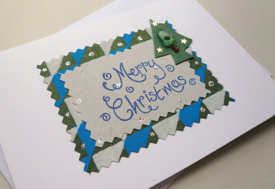 Handmade Sea Glass Christmas Tree Embellished Christmas Card