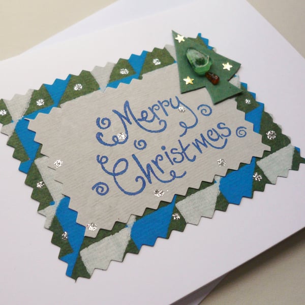 Handmade Sea Glass Christmas Tree Embellished Christmas Card