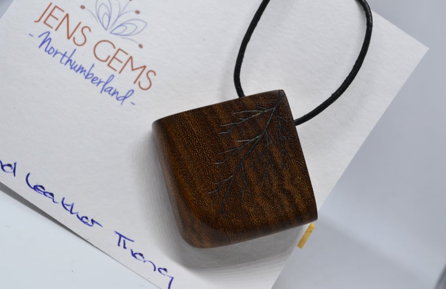 Recycled Teak Pendant on Black Leather Cord