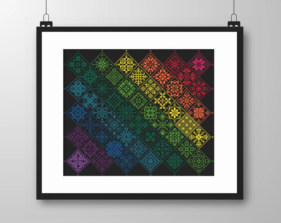 042D - Cross Stitch Quaker Sampler Banded rainbow tiled patchwork squares