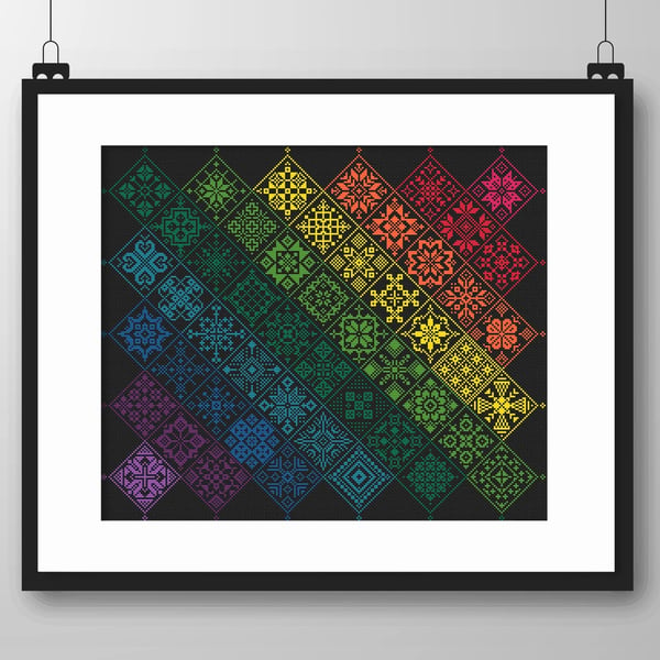 042D - Cross Stitch Quaker Sampler Banded rainbow tiled patchwork squares