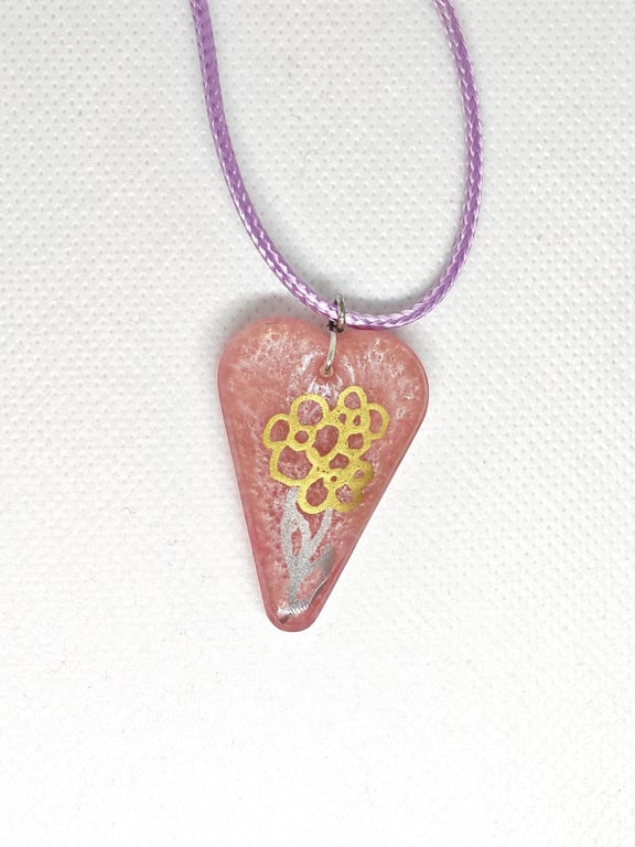 Hand-Painted Baby Pink Resin Necklace: Boho Floral Pendant with Gold Flowers