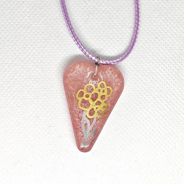 Hand-Painted Baby Pink Resin Necklace: Boho Floral Pendant with Gold Flowers