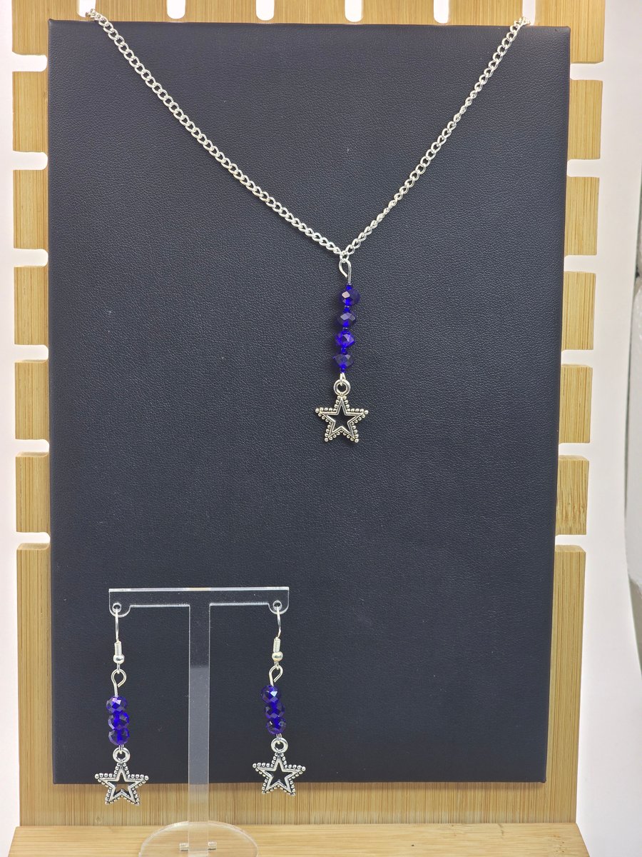 Silver star with blue glass beads necklace and earrings jewellery set