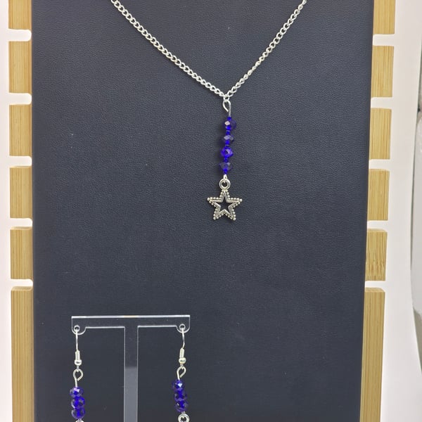 Silver star with blue glass beads necklace and earrings jewellery set