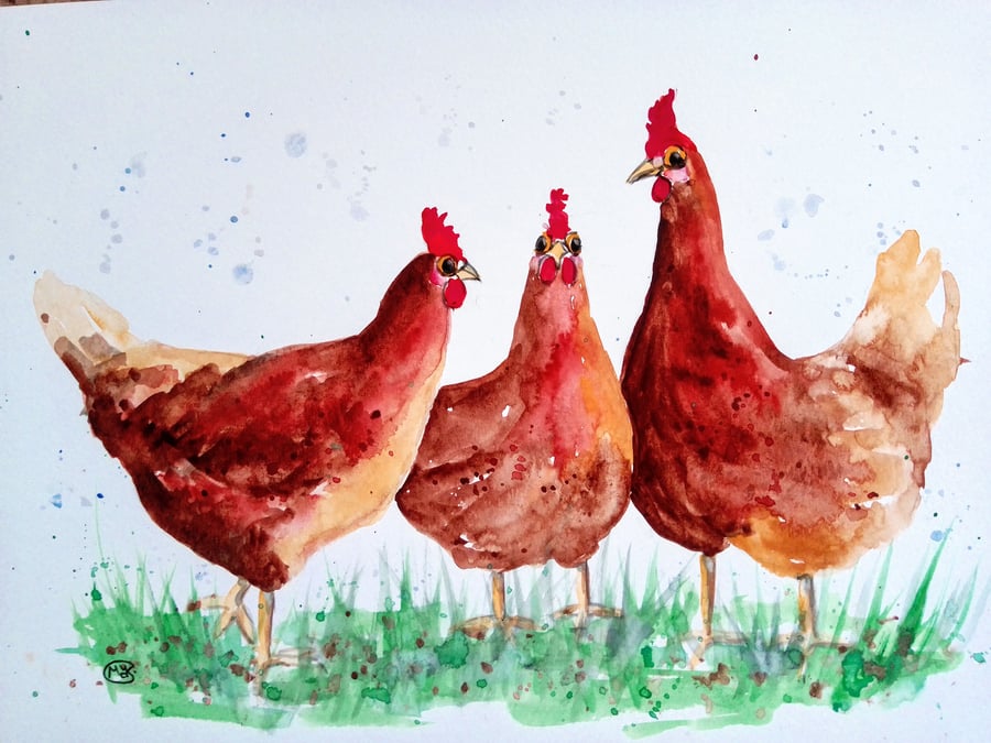 Free-range chickens. Chicken painting