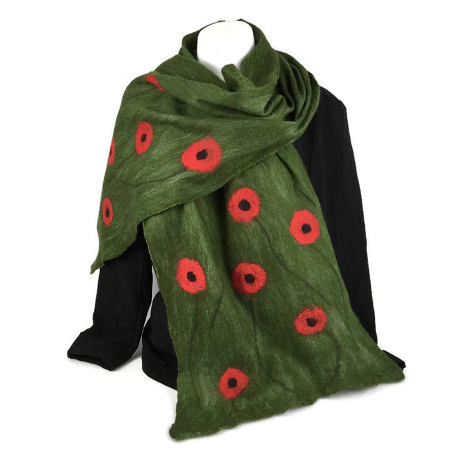 Long green merino wool poppy scarf nuno felted on silk