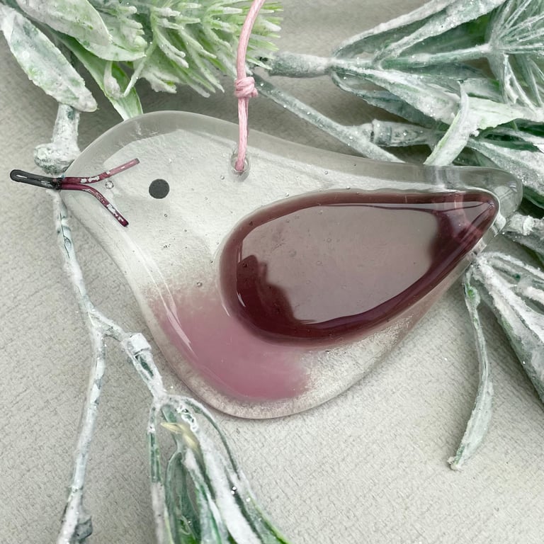 Fused glass bird - pink purple