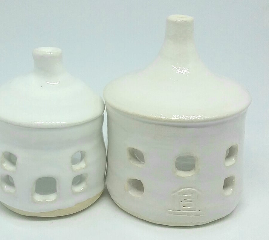 Ceramic handthrown fairy house tealight candle holder with white glaze gift idea