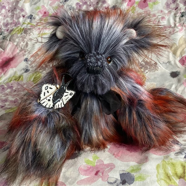 Nobel Moth bear, hand sewn collectible teddy bear with a yellow bow