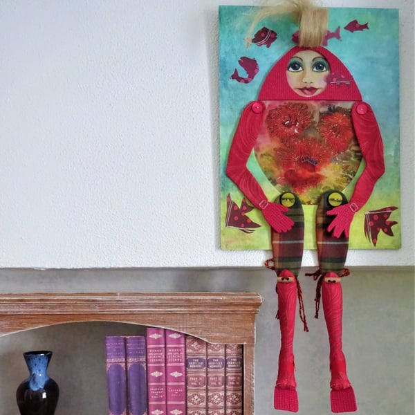  Wall art – art doll, unique, hand painted silk sea anemones – Marina Seabottom