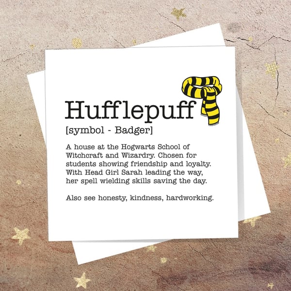 Personalised Hufflepuff Definition Card - Harry Potter, Hogwarts. Free delivery
