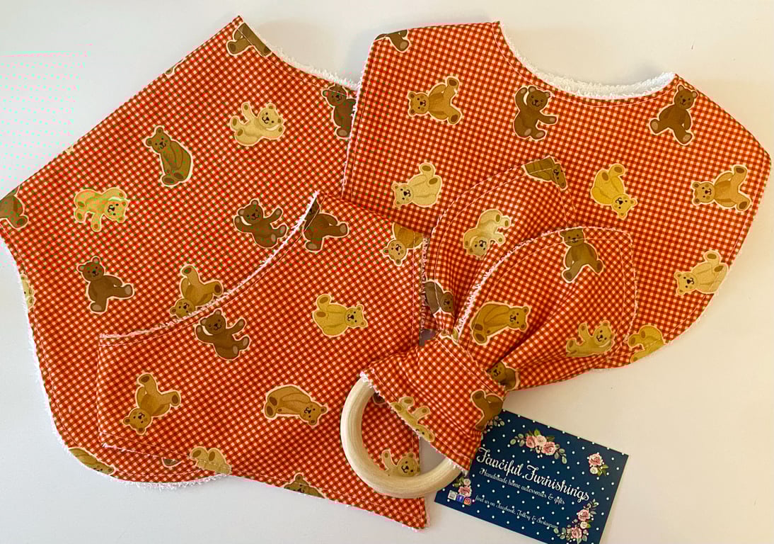 Four piece Gingham Teddy Bear baby set - Baby Gift Set - Baby Shower Gift