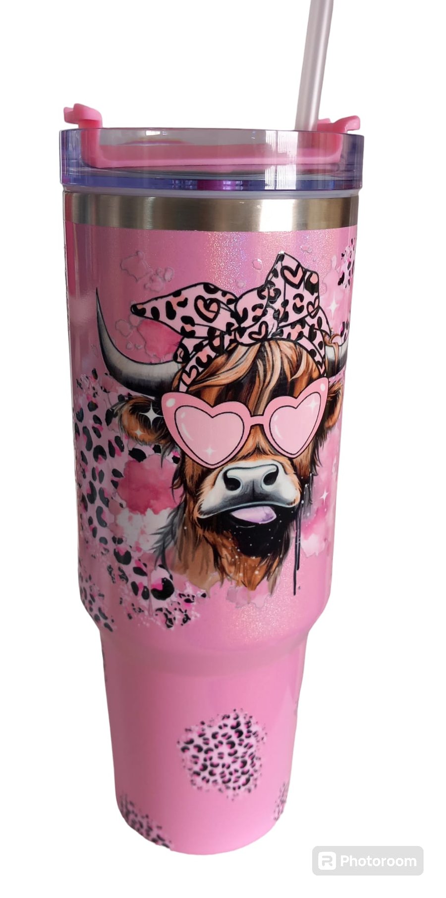 Highland Cow 40oz Stanley Dupe Tumbler Cup Mug Huge Drink Shimmer Glittery Pink
