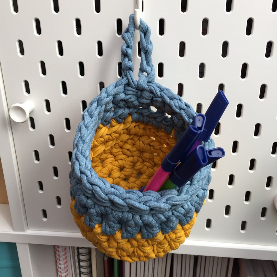 Small crochet hanging basket, pegboard basket - mustard and denim blue