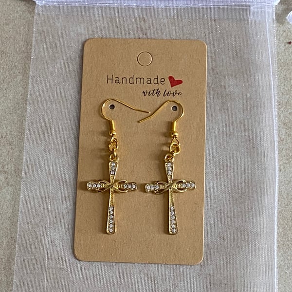 Pretty Gold Plated Cross Filigree Drop Earrings