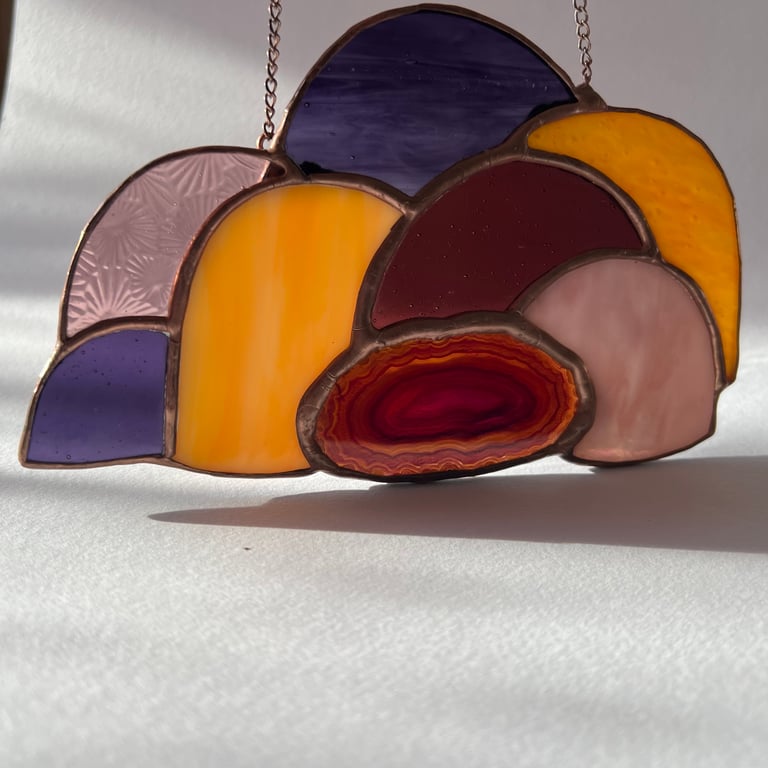 Stained glass hills suncatcher - purple hills with agate
