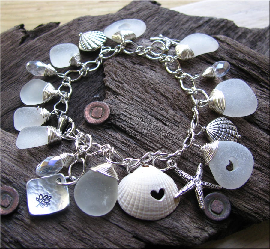 Natural sea glass 'hidden hearts' charm bracelet , Wedding Jewellery