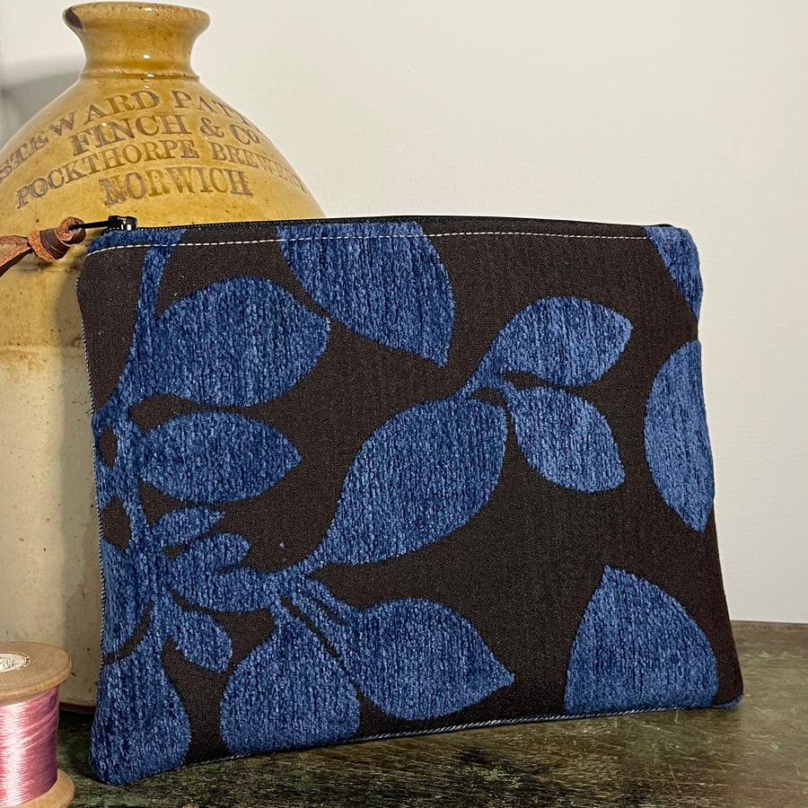 Midnight blue chenille Liberty fabric and reclaimed denim pouch