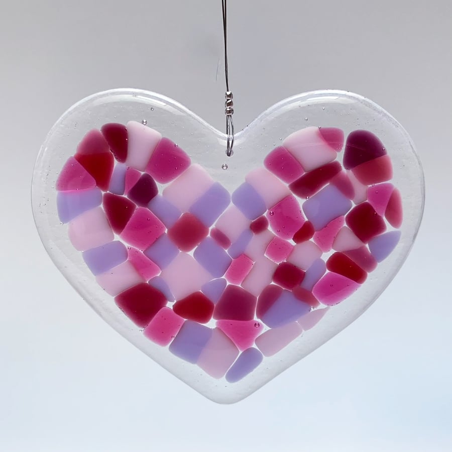 Fused Glass Heart Hanging (Pinks) - Handmade Glass Decoration
