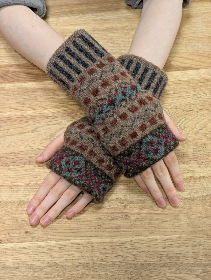 Patterned Brown Wool Wrist Warmers Upcycled from recycled knitwear 