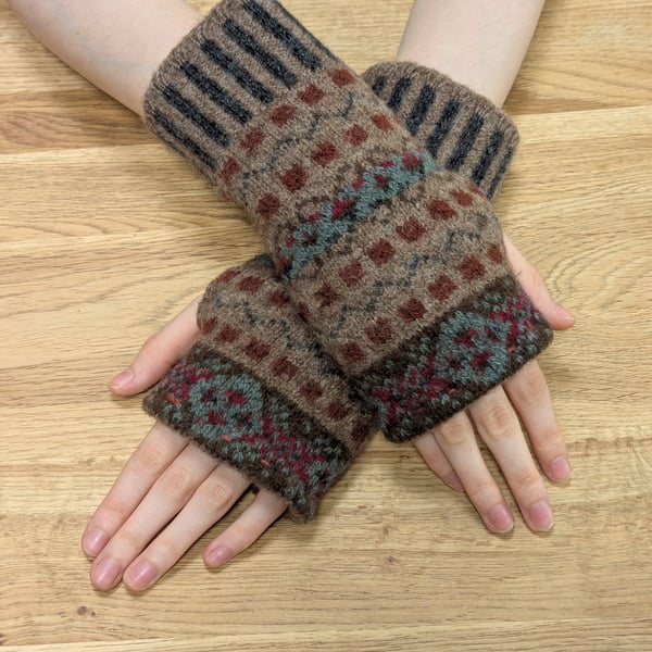 Patterned Brown Wool Wrist Warmers Upcycled from recycled knitwear 