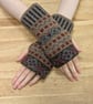 Patterned Brown Wool Wrist Warmers Upcycled from recycled knitwear 