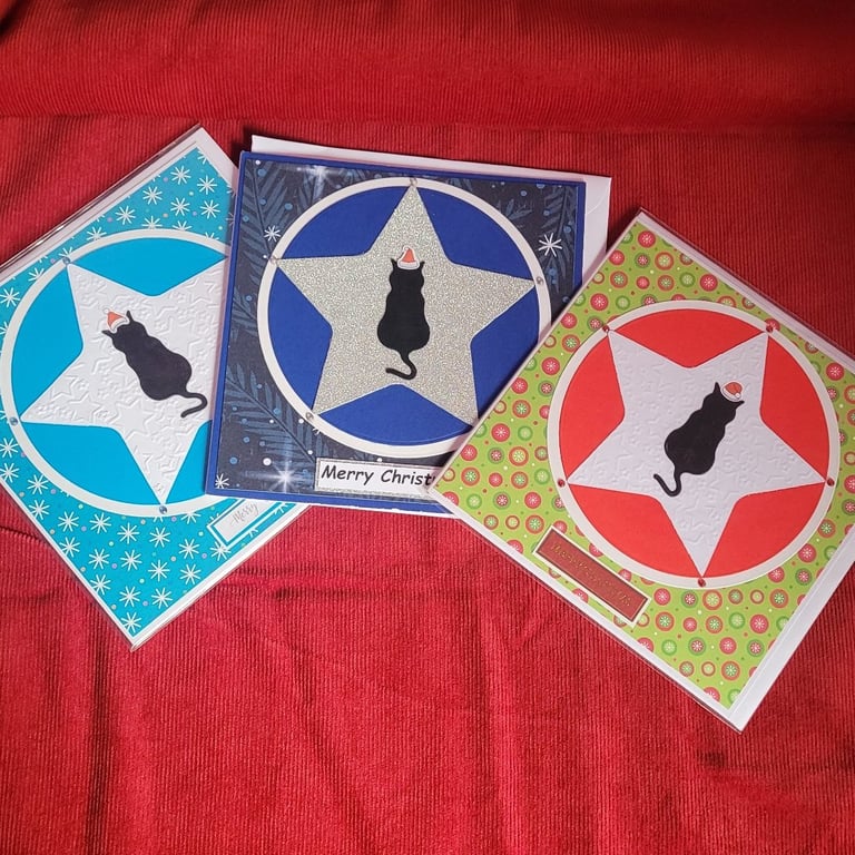 Xmas Star Black Cat Christmas Cards Pack of 3