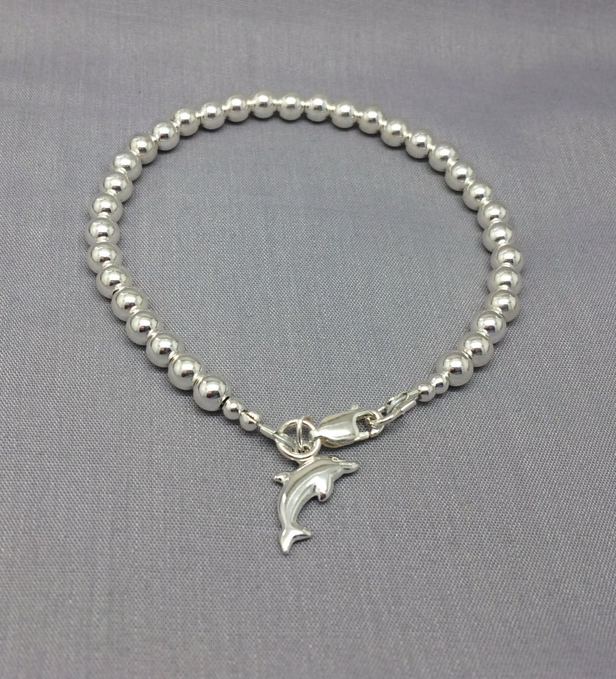 Dolphin Charm Sterling Silver Beaded Ball Bracelet