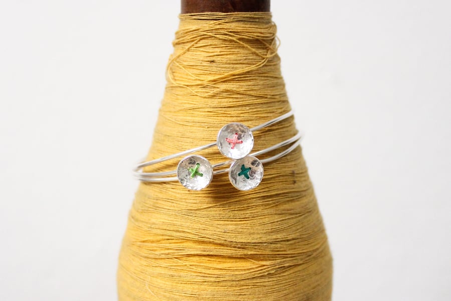 Silver button bangle, stitched button, textured silver