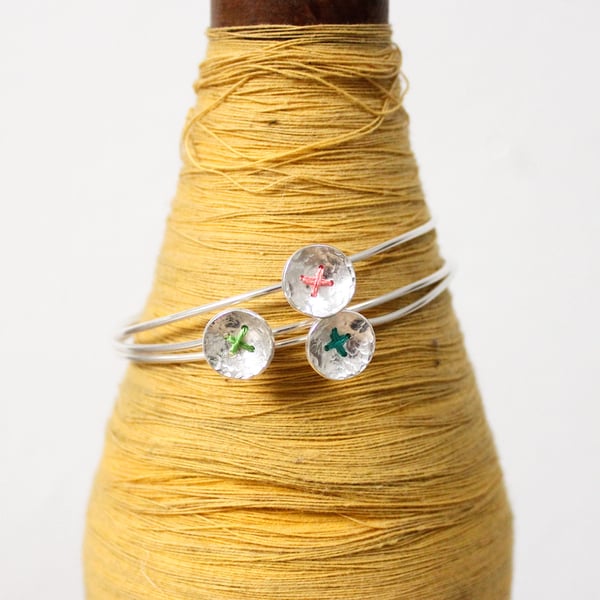 Silver button bangle, stitched button, textured silver