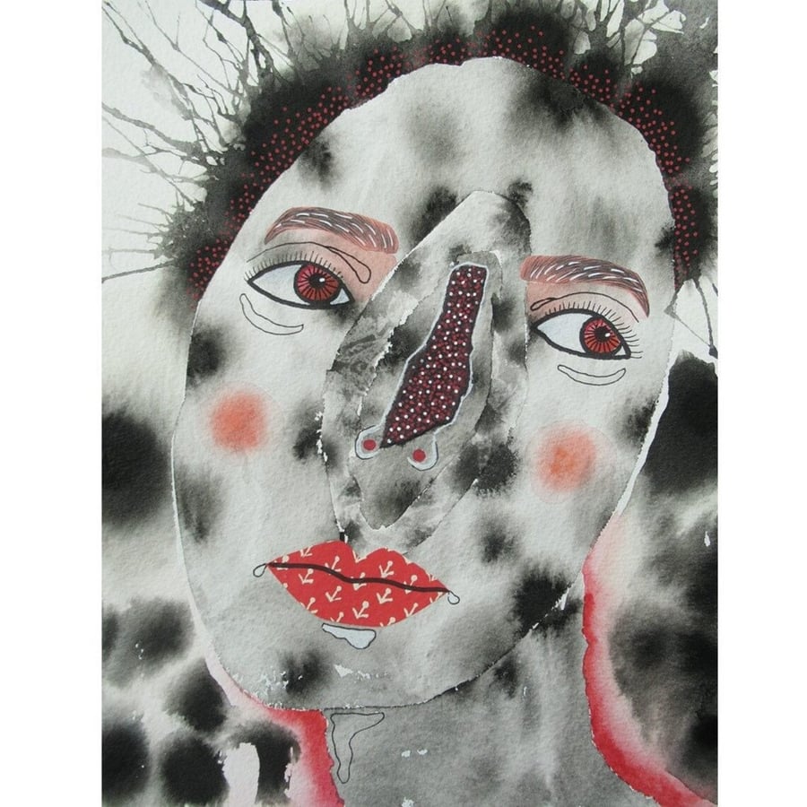 Original Portrait Art Ink Watercolour & Collage Grey Red Face Small Artwork