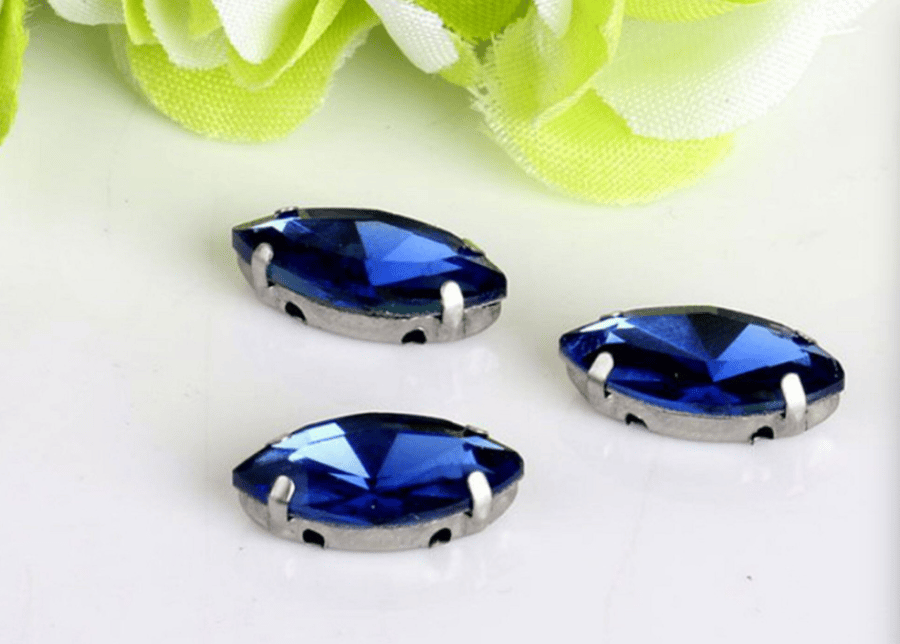 (S18S navy blue) 50 Pcs, 7 x 15mm Sew On Crystal Horse Eye Beads, Glass Leaf 