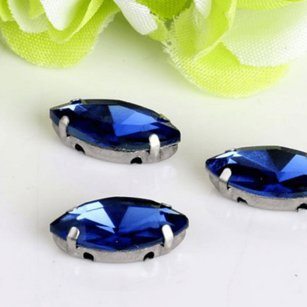 (S18S navy blue) 50 Pcs, 7 x 15mm Sew On Crystal Horse Eye Beads, Glass Leaf 
