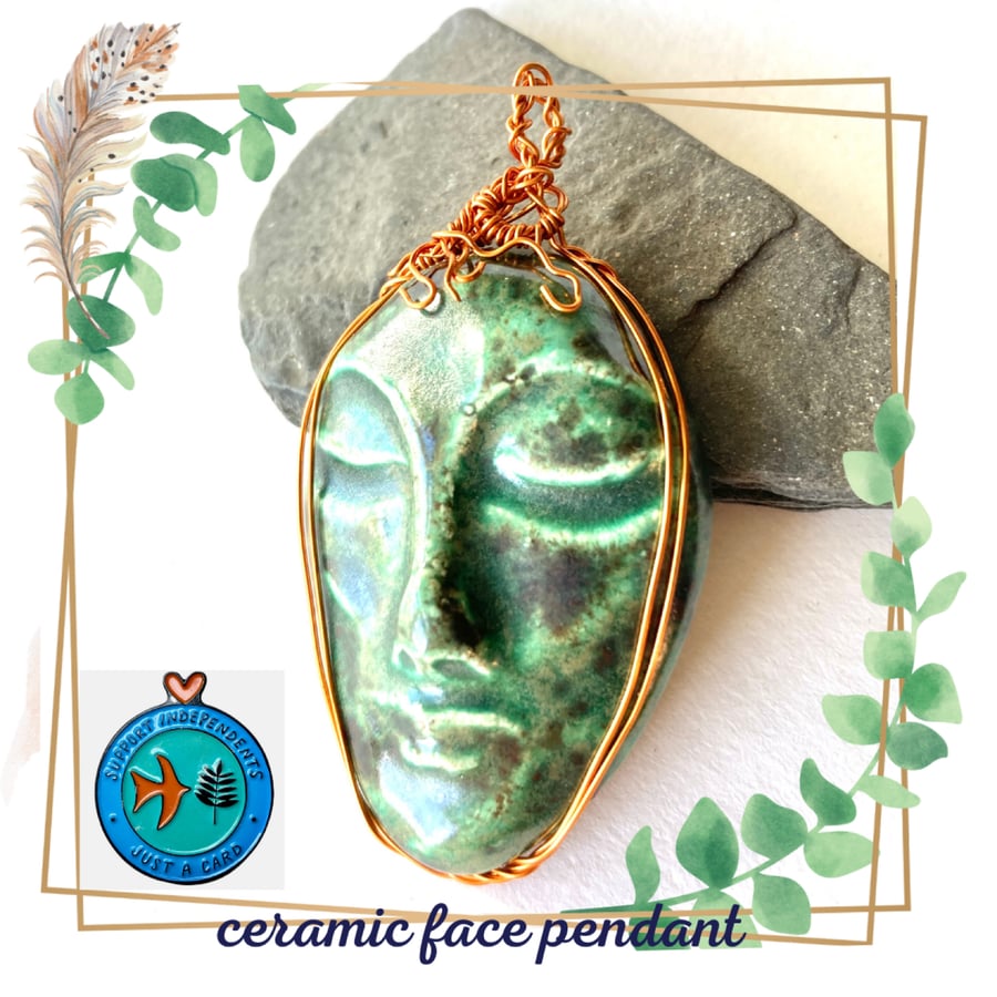 Wire Wrapped Ceramic Face Pendant