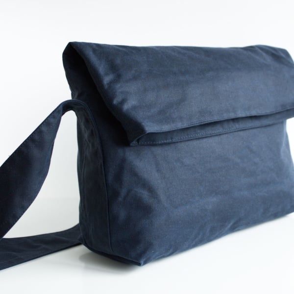 Minimal fold top bag in navy waxed canvas by Minus