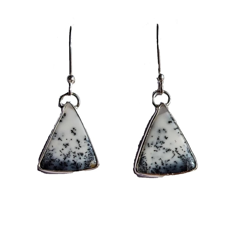 Dendritic Agate Earrings Silver Jewellery Gift Triangle Drop Snow Scene 925