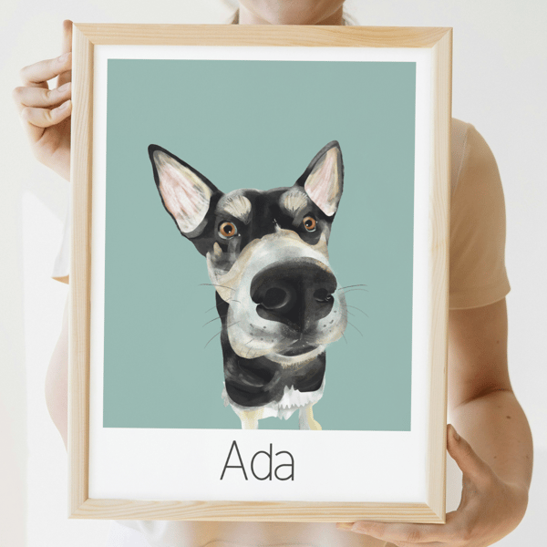 Pet portrait, custom hand-drawn illustration , poster style print .