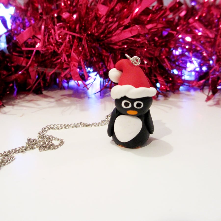 Christmas Retro Penguin necklace OR keyring, Quirky, fun, unique, handmade novel