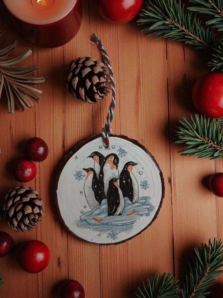 Penguins and Snowflakes Round Wooden Christmas Decoration Tree Ornament