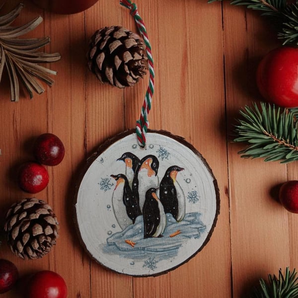 Penguins and Snowflakes Round Wooden Christmas Decoration Tree Ornament