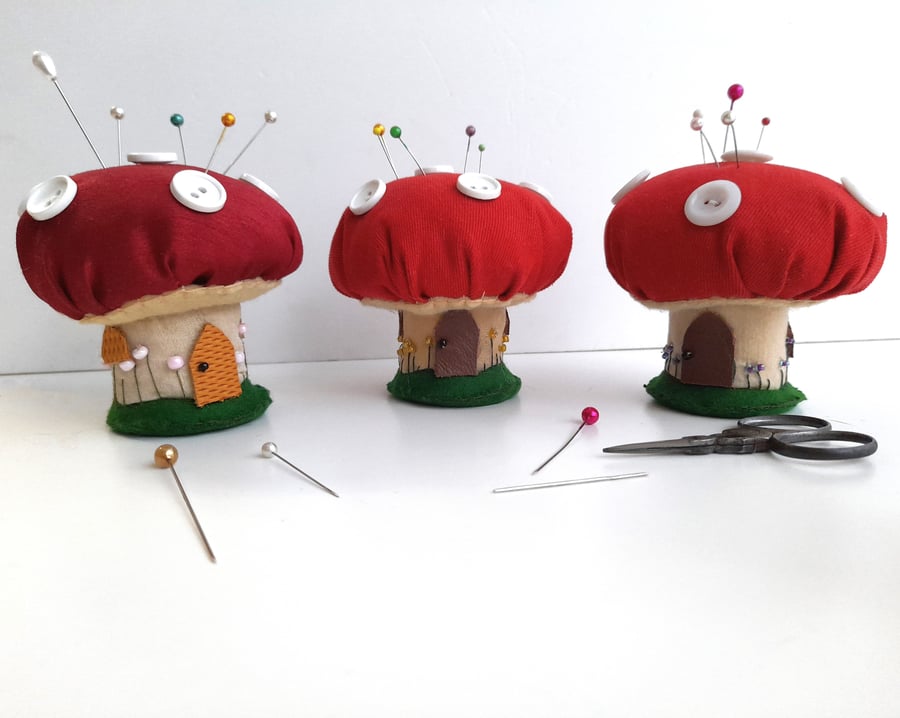 Toadstool Mushroom House Pin Cushion, handmade sewing supplies