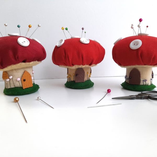 Toadstool Mushroom House Pin Cushion, handmade