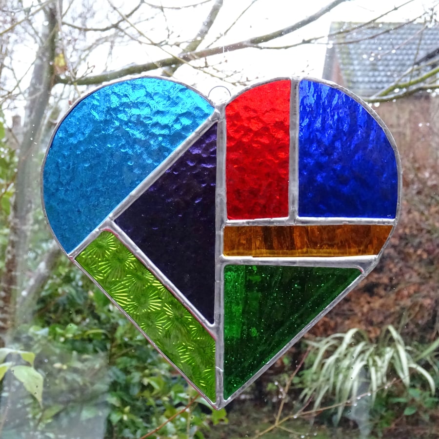 Large Stained Glass Heart Suncatcher - Handmade Decoration - Multi Coloured