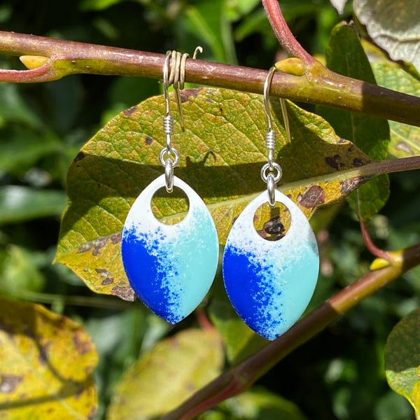 ‘Waves’ White, blue & turquoise enamel scale earrings. Sterling silver. 