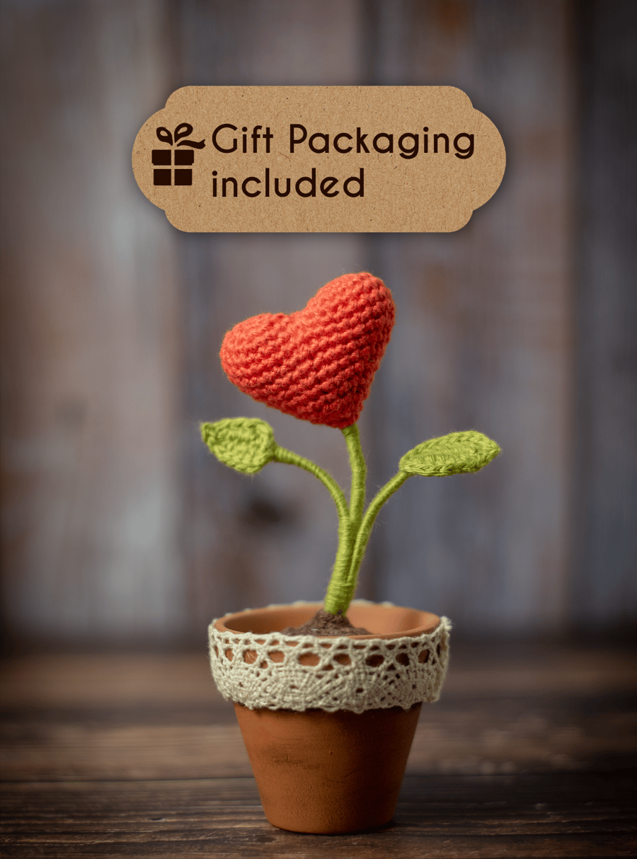 Crochet Heart Flower in a Terracotta Pot