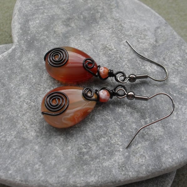   Wire Wrapped Agate Drop Earrings Black Tone