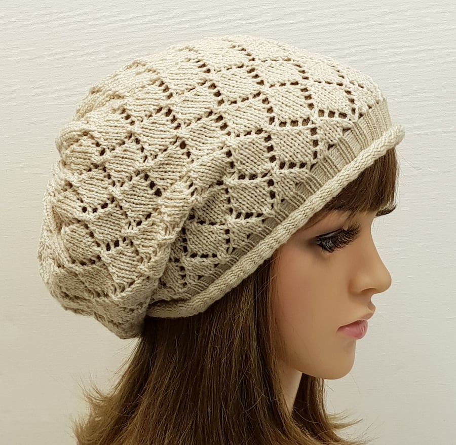 Knitted lace hat for women, lightweight baggy beret for women, handmade beanie
